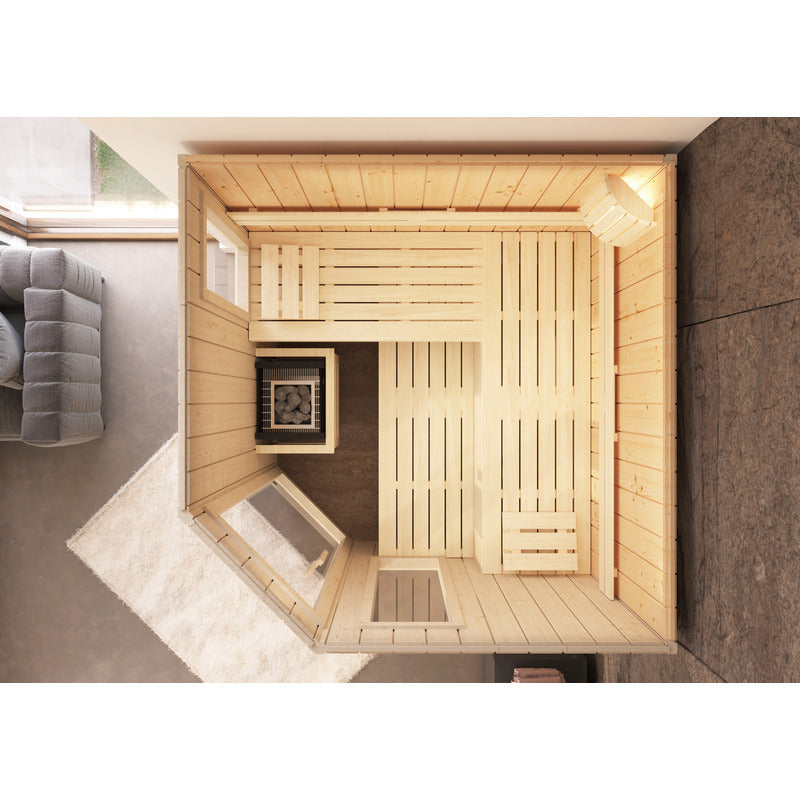 Top view of the FinA Wellness Leyla corner sauna - structured interior with two loungers and central Sauna heater