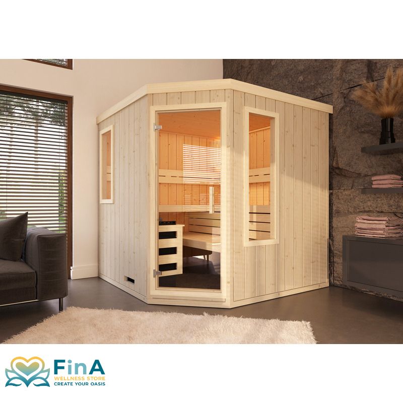 Compact corner sauna Leyla in a light-flooded living room - Scandinavian living style meets modern wellness concept